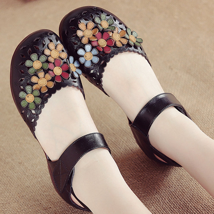 Women's Handmade Leather Sandals – Floral Comfort Soft Sole Summer Shoes