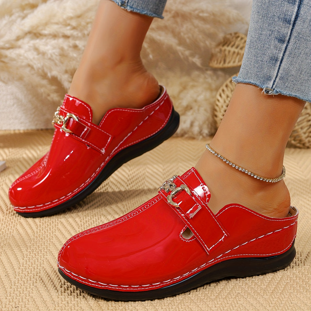 Women's Patent Leather  Mules – Comfortable Buckle Casual Shoes