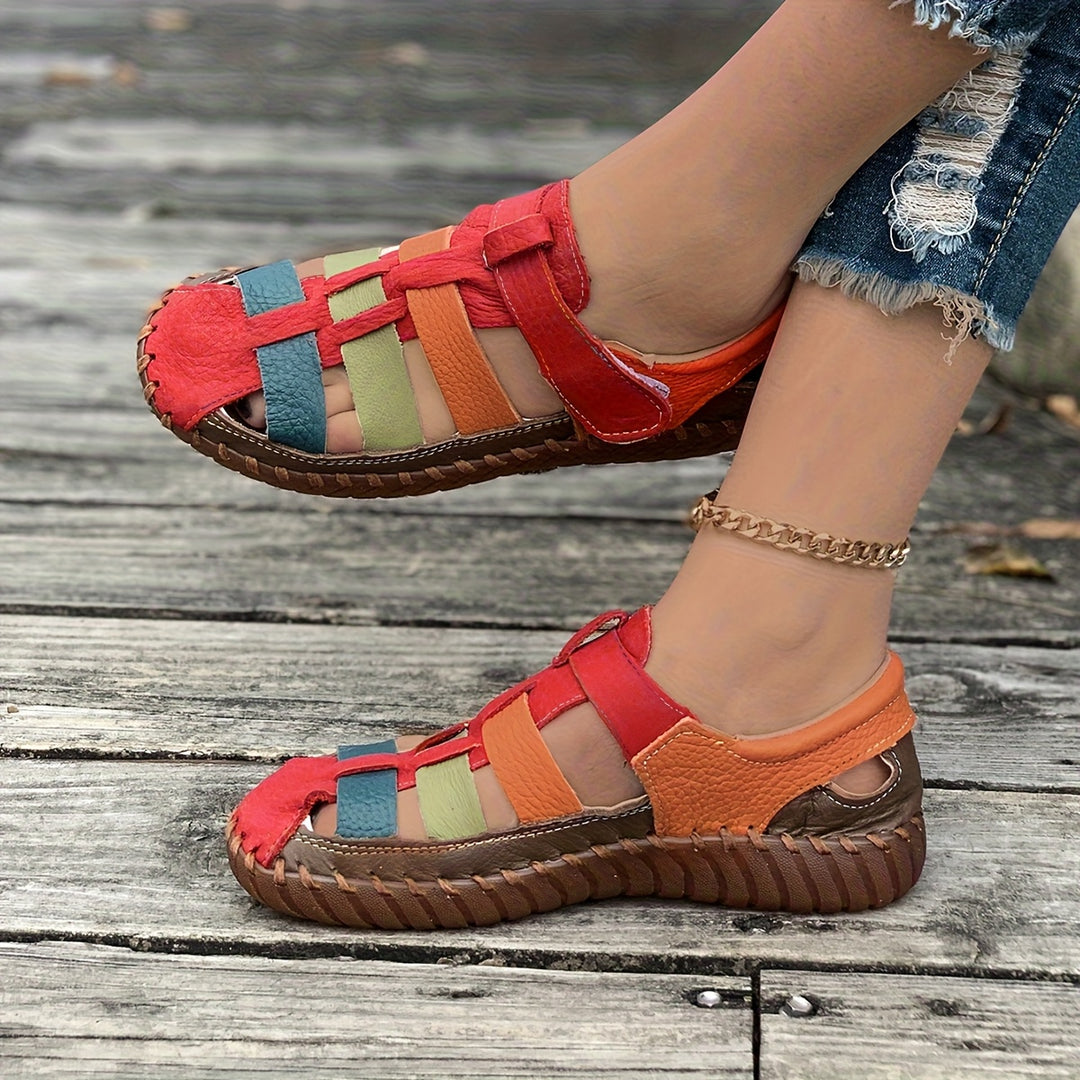 Handcrafted Leather Comfort Sandals – Colorblock Woven Slip-Ons for All-Day Walking