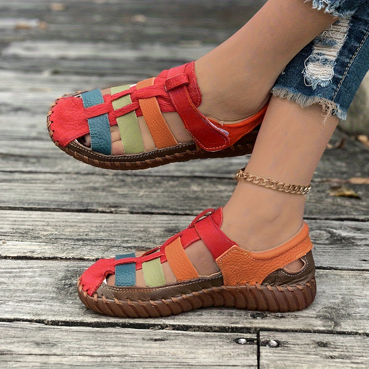 Handcrafted Leather Comfort Sandals – Colorblock Woven Slip-Ons for All-Day Walking