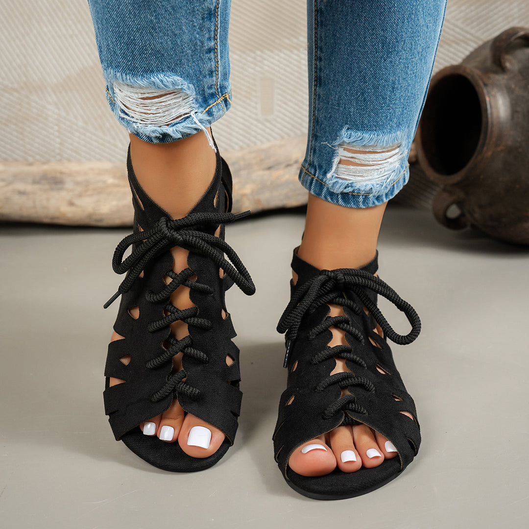 Women's Vintage Cutout Lace-Up Sandals– Breathable Cutout Design with Comfortable Flat Sole