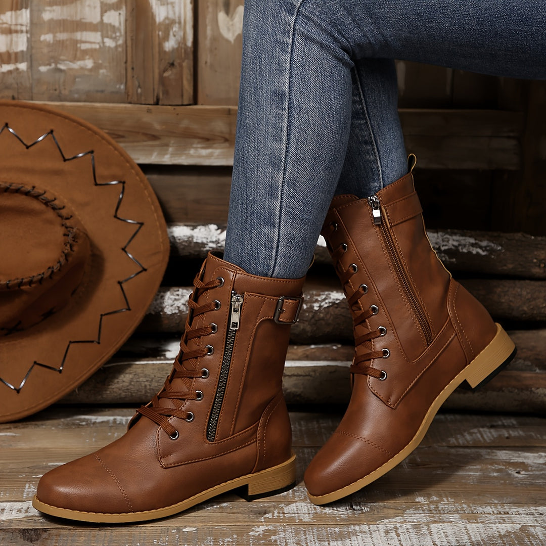 Women's Vintage Lace-Up Boots – Classic Mid-Calf Boots with Low Heel & Side Zipper
