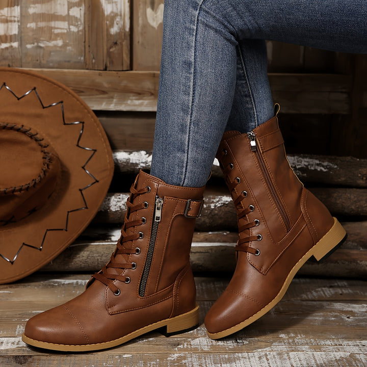 Women's Vintage Lace-Up Boots – Classic Mid-Calf Boots with Low Heel & Side Zipper