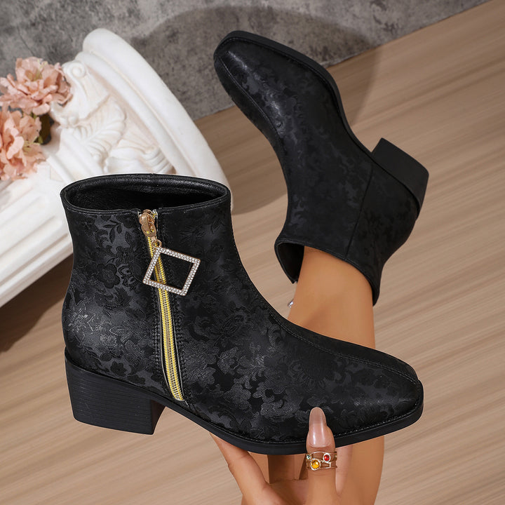 Women's Floral Satin Ankle Boots – Elegant Short Boots with Side Zipper