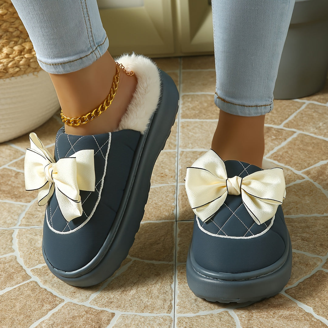 Women's Winter Bow Mules – Warm Plush-Lined Winter Shoes with a Non-Slip Sole