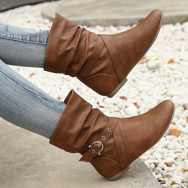 Women's Vintage Ankle Boots – Flat Sole Boots with Classic Buckle Detail