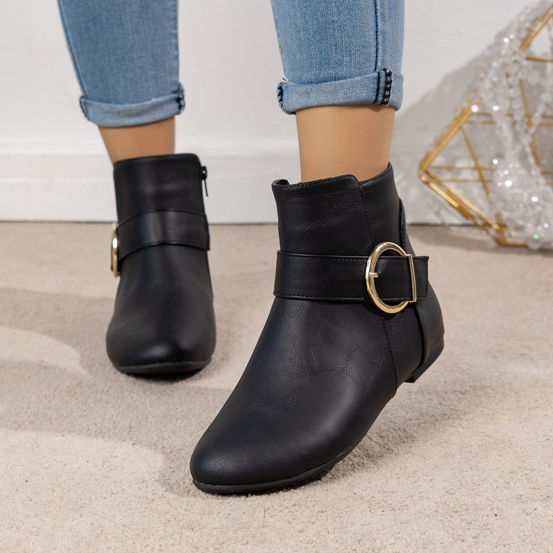 Women's Vintage Ankle Boots – Comfortable Flat Boots with Buckle & Side Zipper