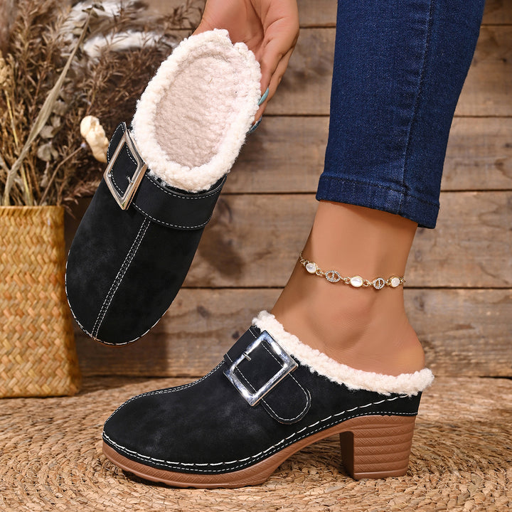 Women's Vintage Plush-Lined Mules – Cozy Slip-On Shoes for Fall & Winter