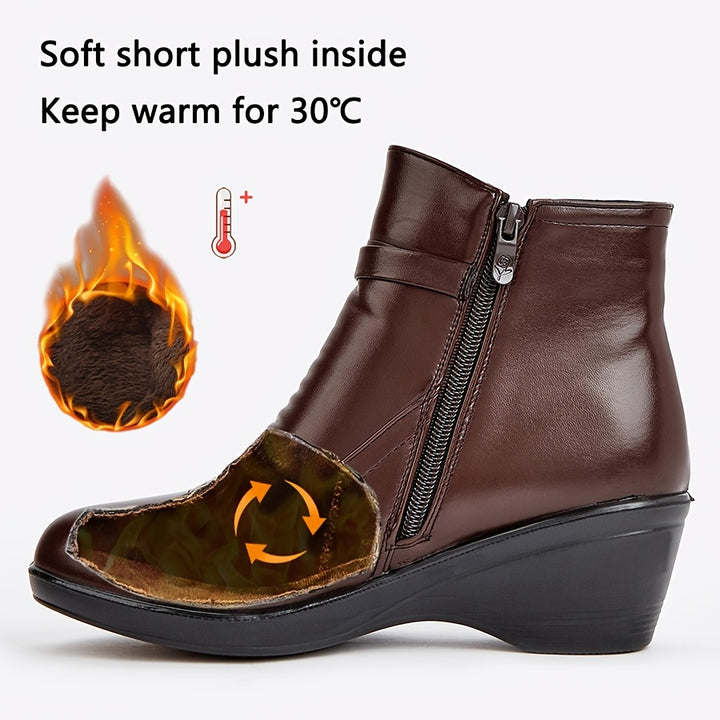 Women's Warm Wedge Booties – Wide Width Comfort Ankle Boots with Side Zip & Bow Accent