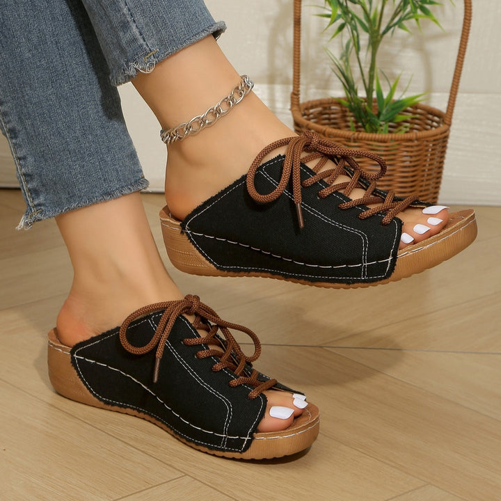 Women's Vintage Lace-Up Canvas Mules – Lightweight Comfort Slip-On Sandals