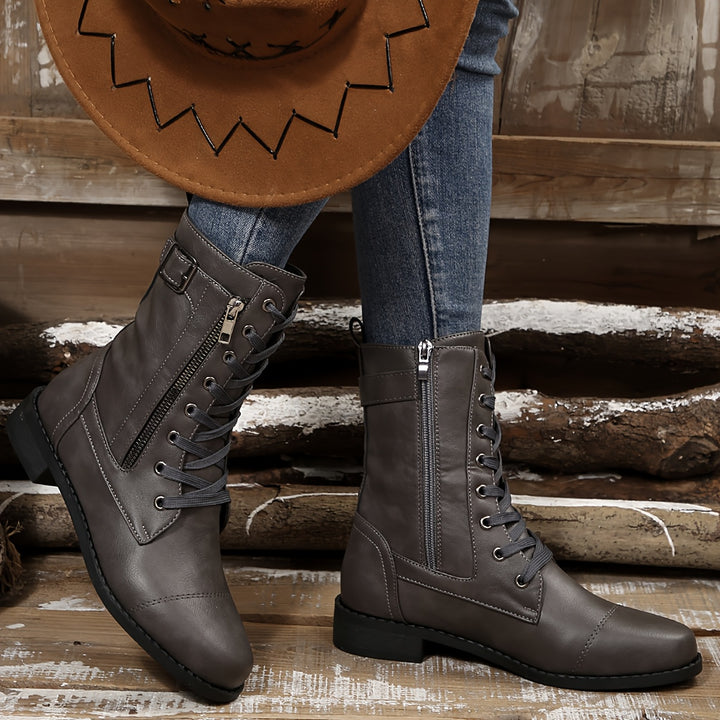 Women's Vintage Lace-Up Boots – Classic Mid-Calf Boots with Low Heel & Side Zipper