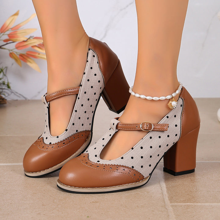 Women's Vintage Comfort Mary Jane Heels – Polka Dot Round Toe Chunky Heel Shoe