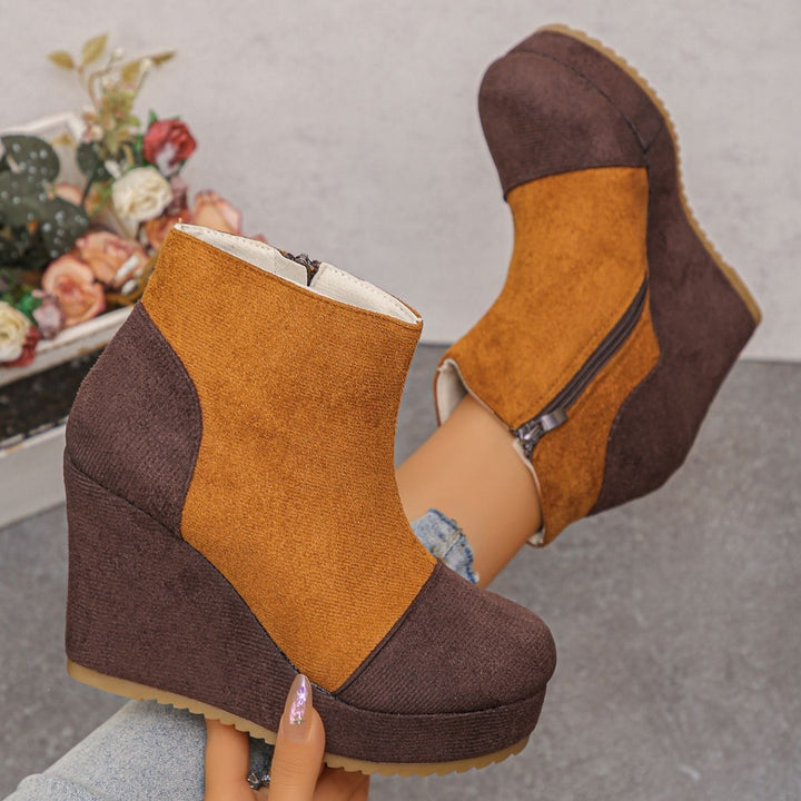 Women's Vintage Suede Ankle Boots – Chunky Platform Wedge Boots with Side Zipper