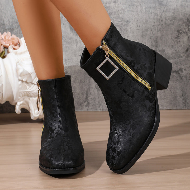 Women's Floral Satin Ankle Boots – Elegant Short Boots with Side Zipper