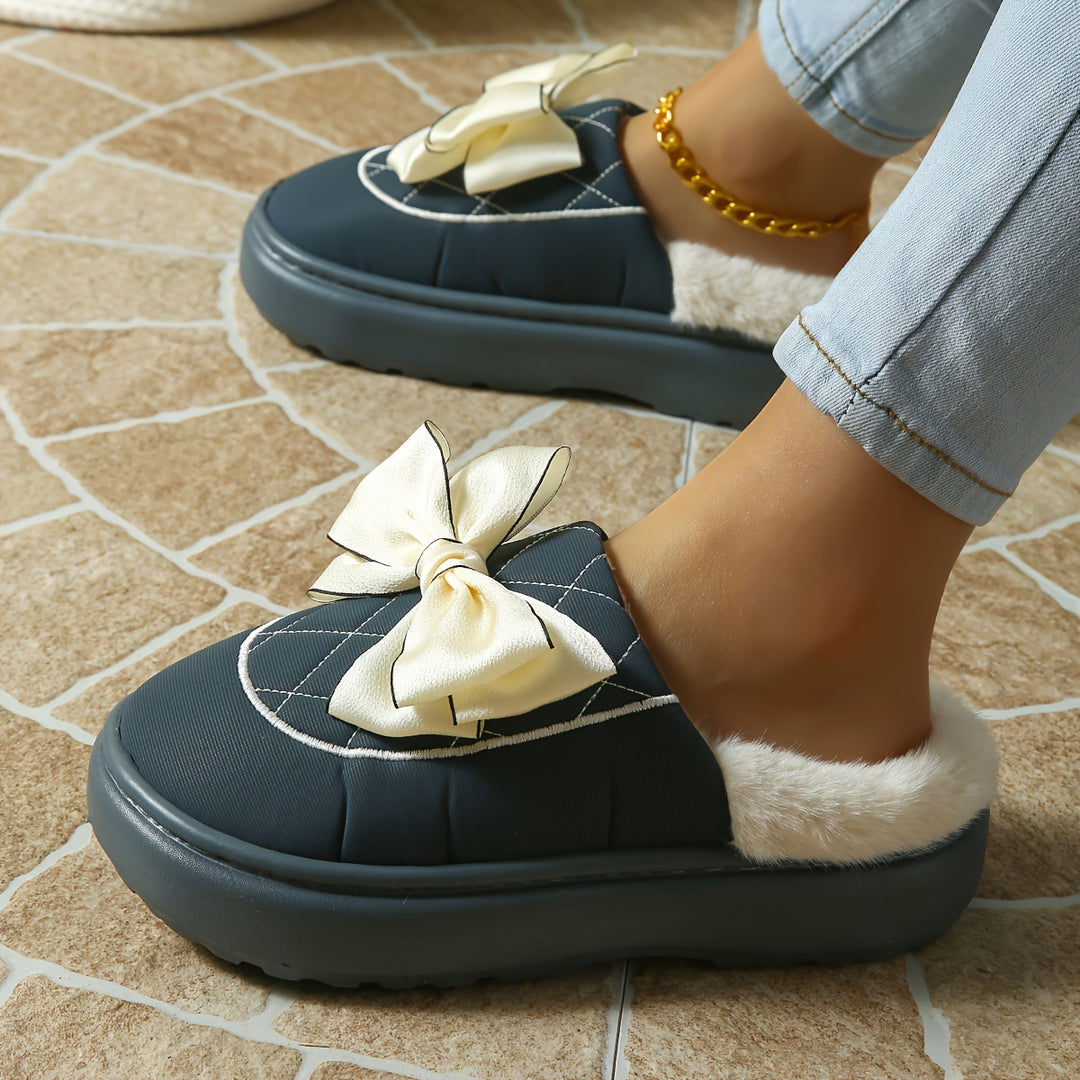 Women's Winter Bow Mules – Warm Plush-Lined Winter Shoes with a Non-Slip Sole
