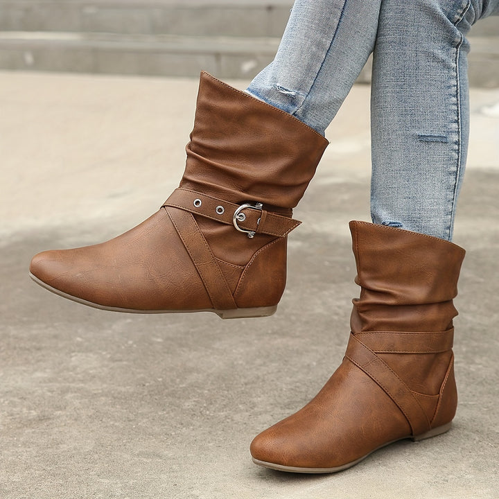 Women's Vintage Ankle Boots – Flat Sole Boots with Classic Buckle Detail