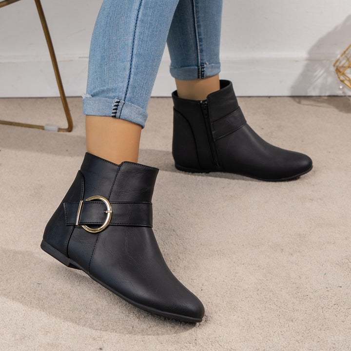Women's Vintage Ankle Boots – Comfortable Flat Boots with Buckle & Side Zipper