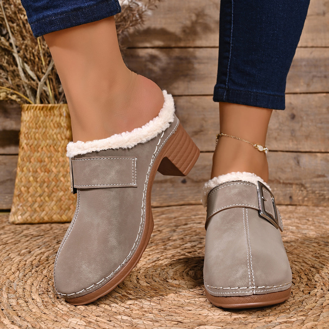 Women's Vintage Plush-Lined Mules – Cozy Slip-On Shoes for Fall & Winter