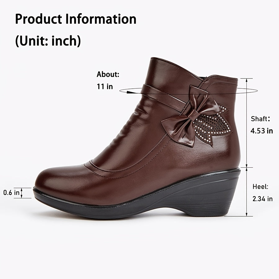 Women's Warm Wedge Booties – Wide Width Comfort Ankle Boots with Side Zip & Bow Accent