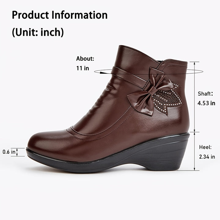 Women's Warm Wedge Booties – Wide Width Comfort Ankle Boots with Side Zip & Bow Accent