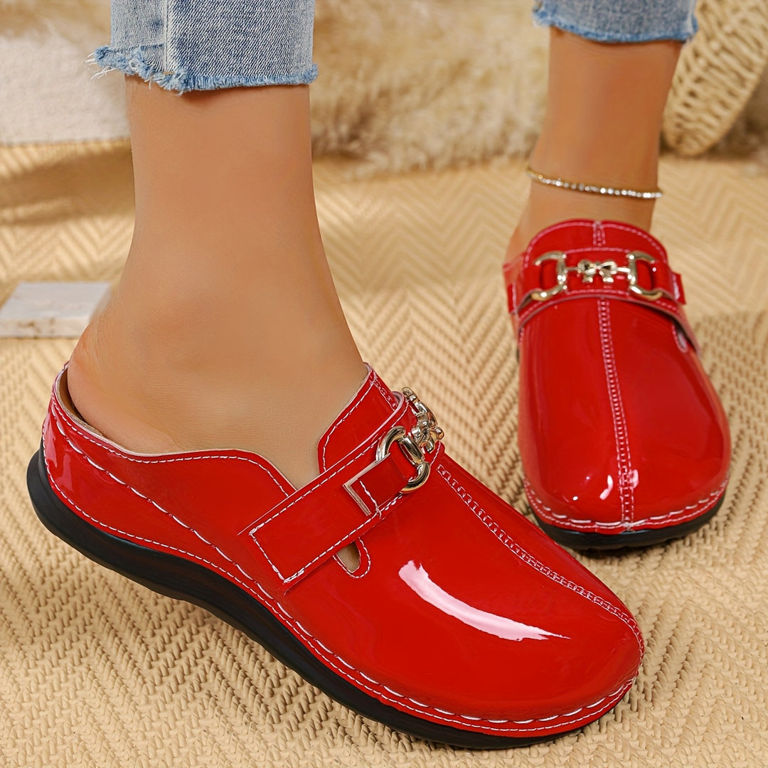 Women's Patent Leather  Mules – Comfortable Buckle Casual Shoes