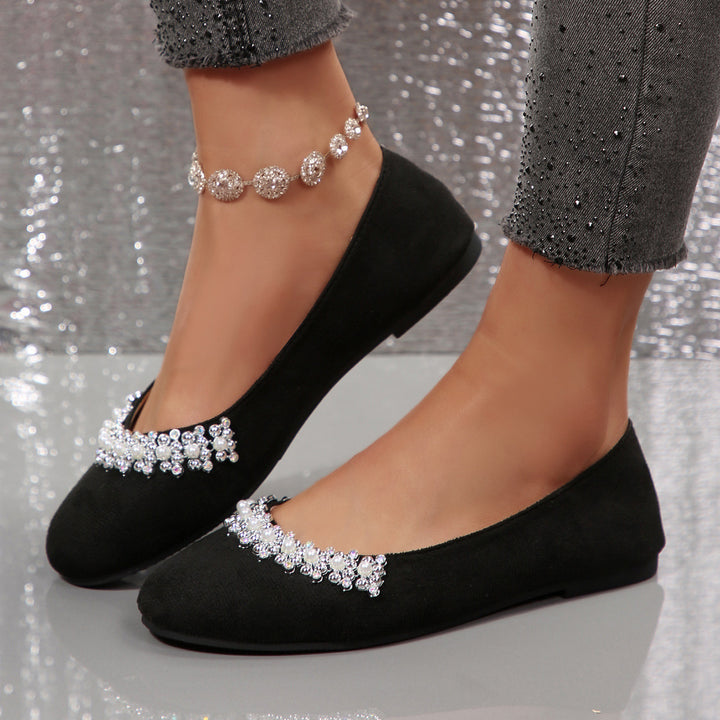 Women's Elegant Velvet Flats – Soft Comfort Shoes with Beaded Rhinestone Detail