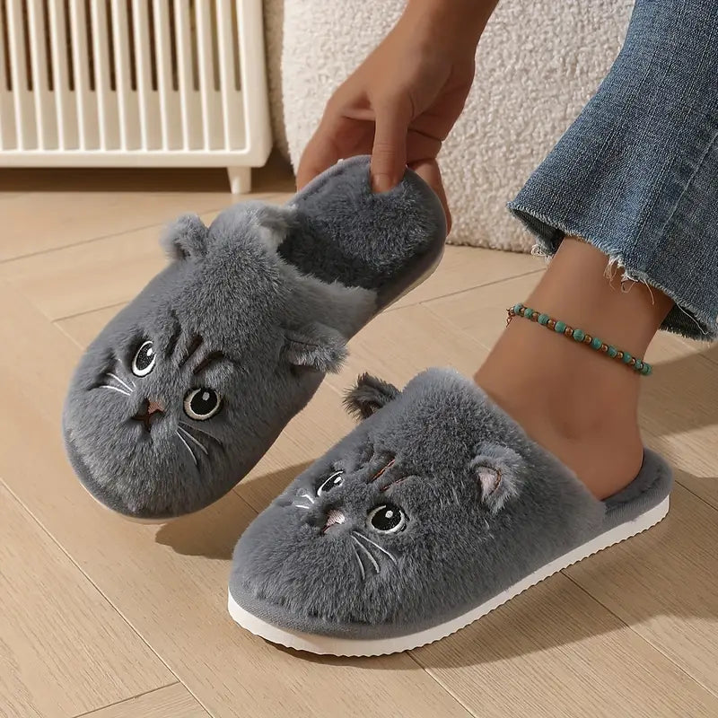 Women's Warm Cat Slippers – Plush Indoor House Shoes with Non-Slip Sole & Cozy Lining