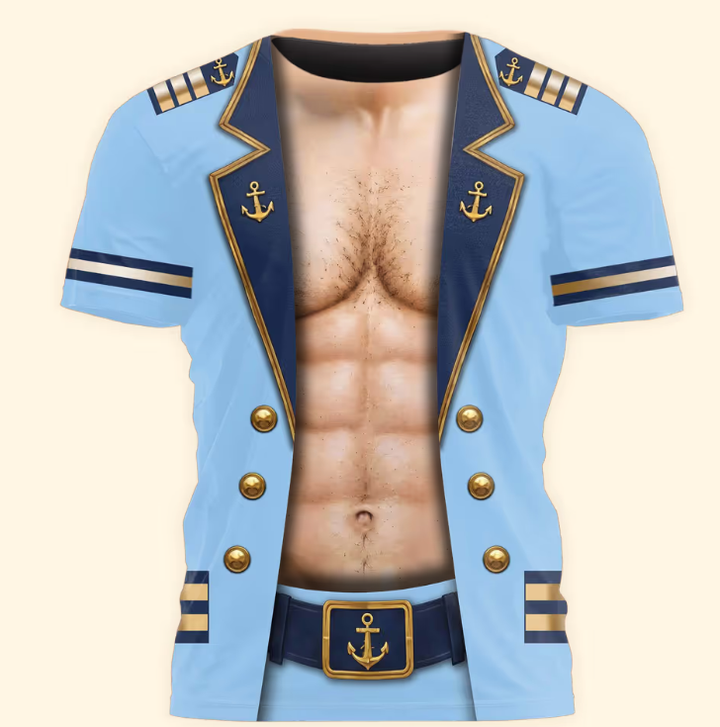 Men’s Funny 3D Captain Summer Party, Birthday, Bachelor Costume, Halloween Cosplay - Personalized Shirt