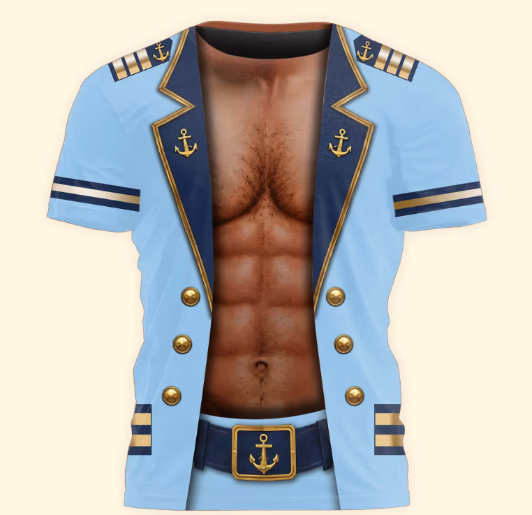 Men’s Funny 3D Captain Summer Party, Birthday, Bachelor Costume, Halloween Cosplay - Personalized Shirt