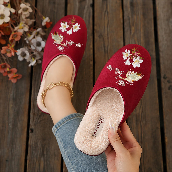 Women's Vintage Floral Slippers – Cozy Plush-Lined House Shoes with Bird & Flower Detail