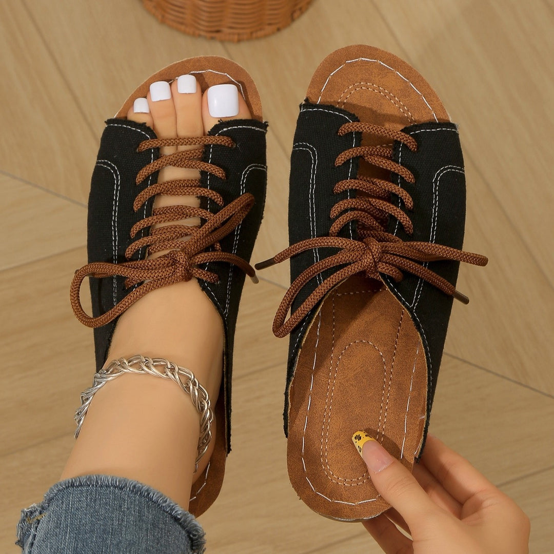 Women's Vintage Lace-Up Canvas Mules – Lightweight Comfort Slip-On Sandals