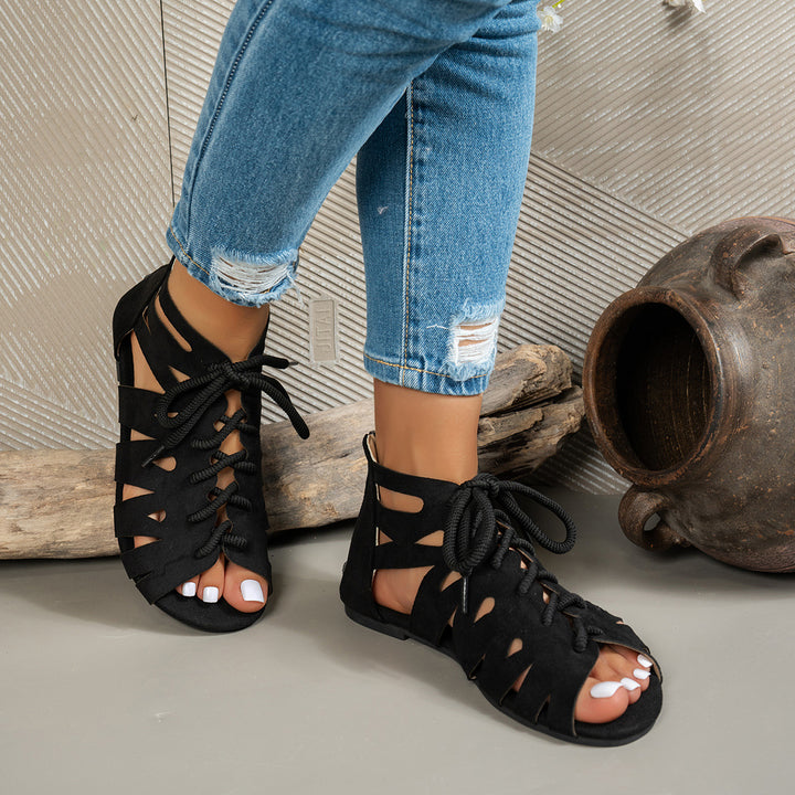 Women's Vintage Cutout Lace-Up Sandals– Breathable Cutout Design with Comfortable Flat Sole