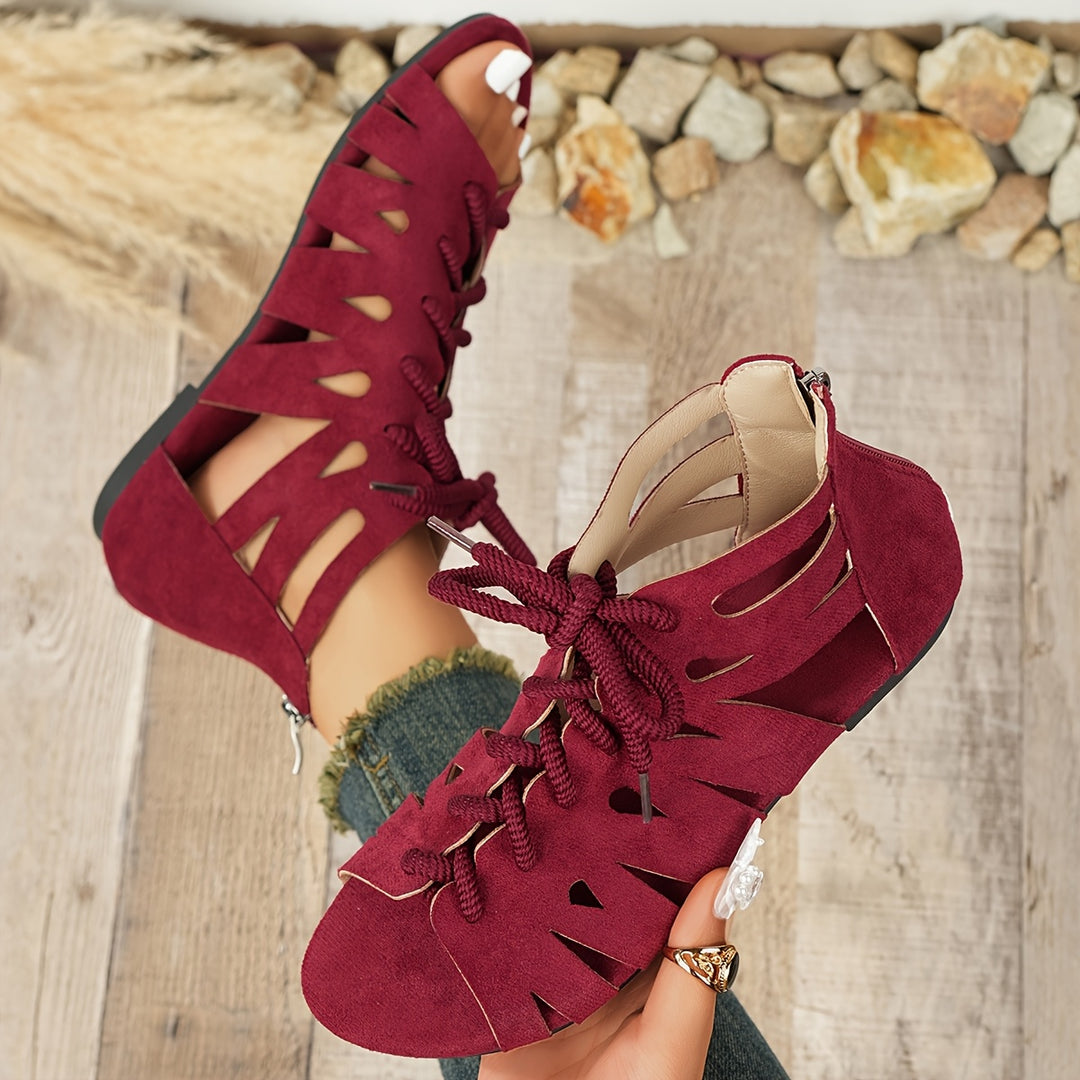 Women's Vintage Cutout Lace-Up Sandals– Breathable Cutout Design with Comfortable Flat Sole
