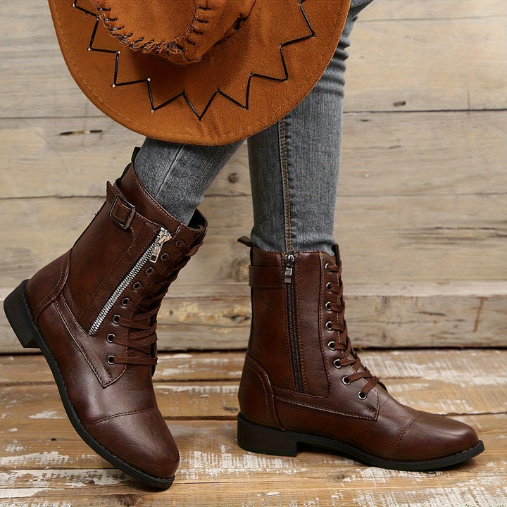 Women's Vintage Lace-Up Boots – Classic Mid-Calf Boots with Low Heel & Side Zipper