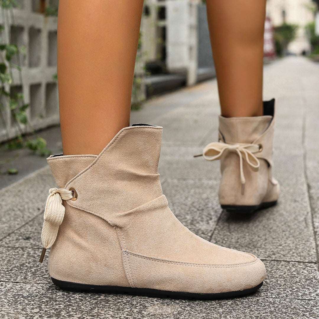 Women's Vintage Bow Ankle Boots –Comfortable  Lace-Up Flat Shoes for Fall & Winter