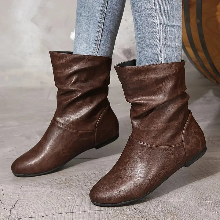 Women's Vintage Leather Ankle Boots – Waterproof Slouchy Flat Boots with Non-Slip Sole