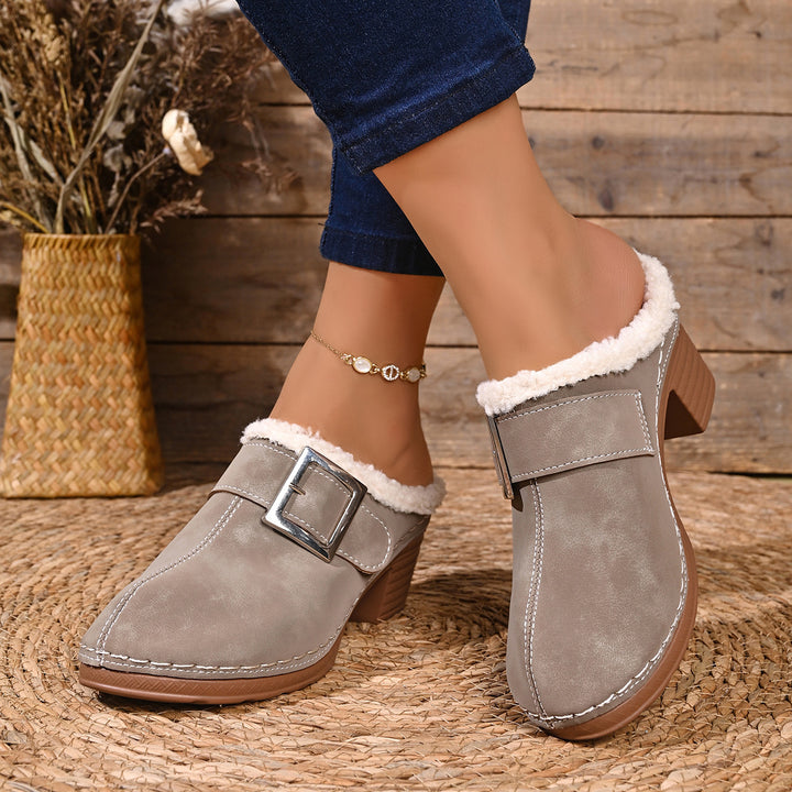 Women's Vintage Plush-Lined Mules – Cozy Slip-On Shoes for Fall & Winter