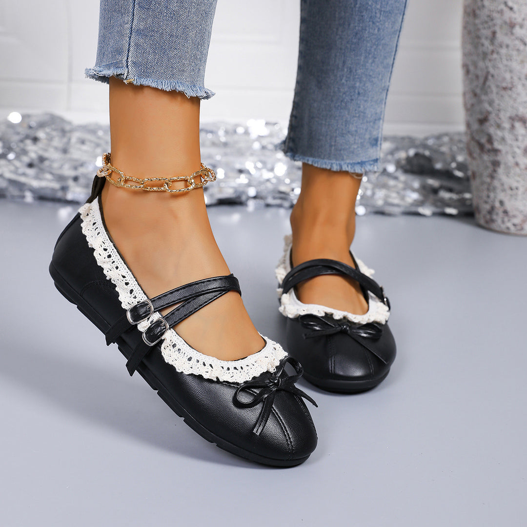 Women's Retro Mary Jane Shoes – Round-Toe Flats with Lace Trim & Bow