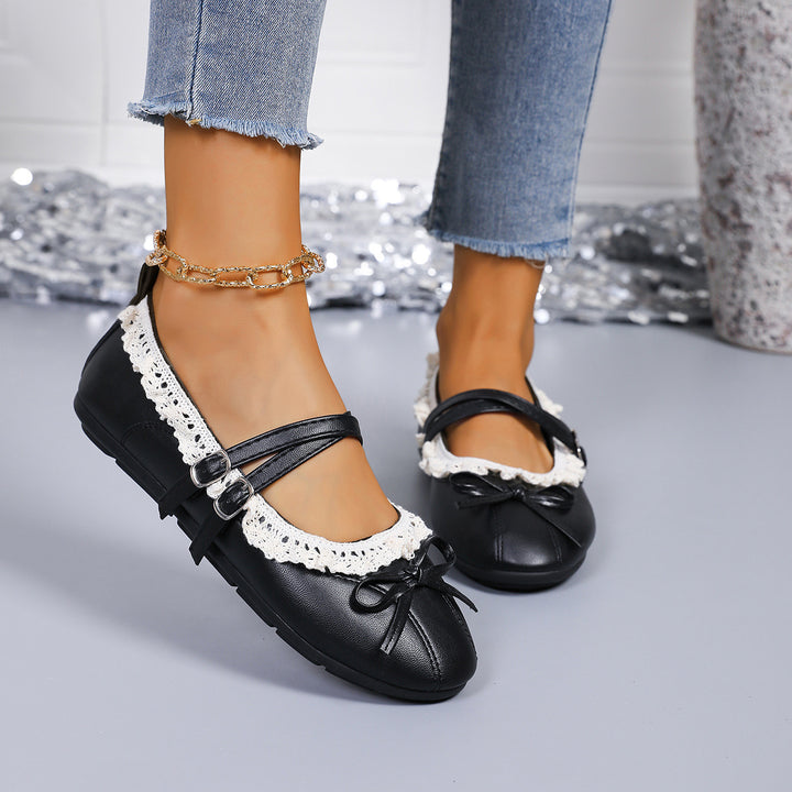 Women's Vintage Mary Jane Flats – Double-Strap Shoes with Lace Trim & Bow Detail