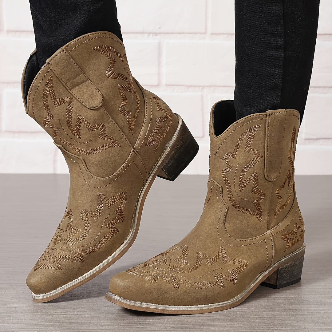 Women's Western Embroidery Mid-Heel Ankle Boots