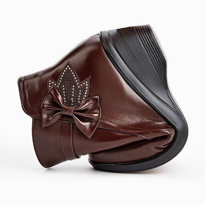 Women's Warm Wedge Booties – Wide Width Comfort Ankle Boots with Side Zip & Bow Accent