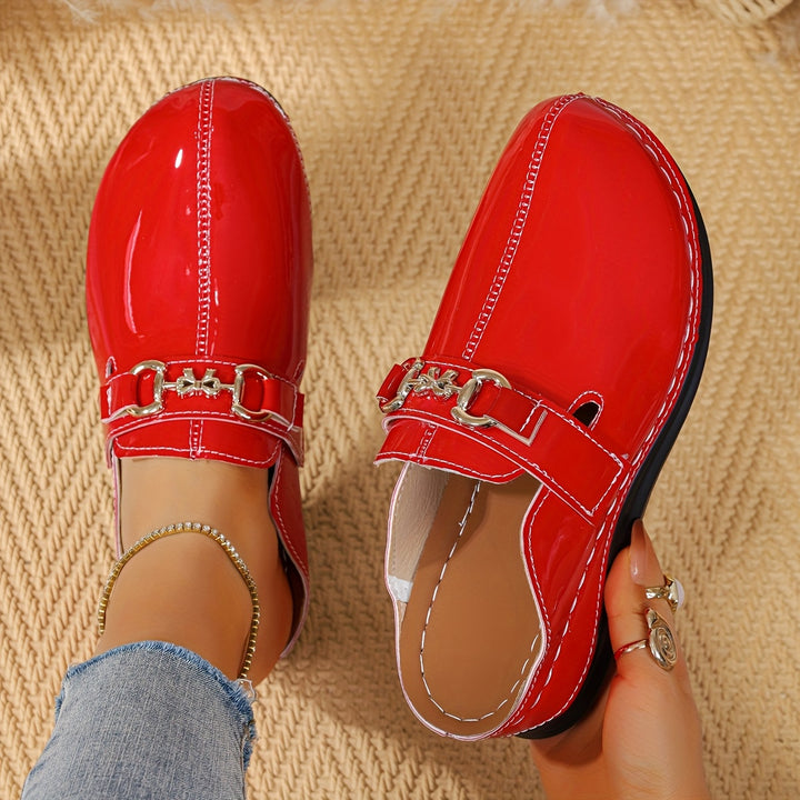 Women's Patent Leather  Mules – Comfortable Buckle Casual Shoes