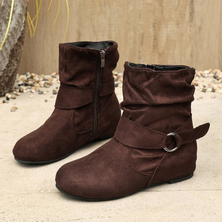 Women's Vintage Suede Ankle Boots – Round-Toe Flat Boots with Buckle Strap & Side Zip