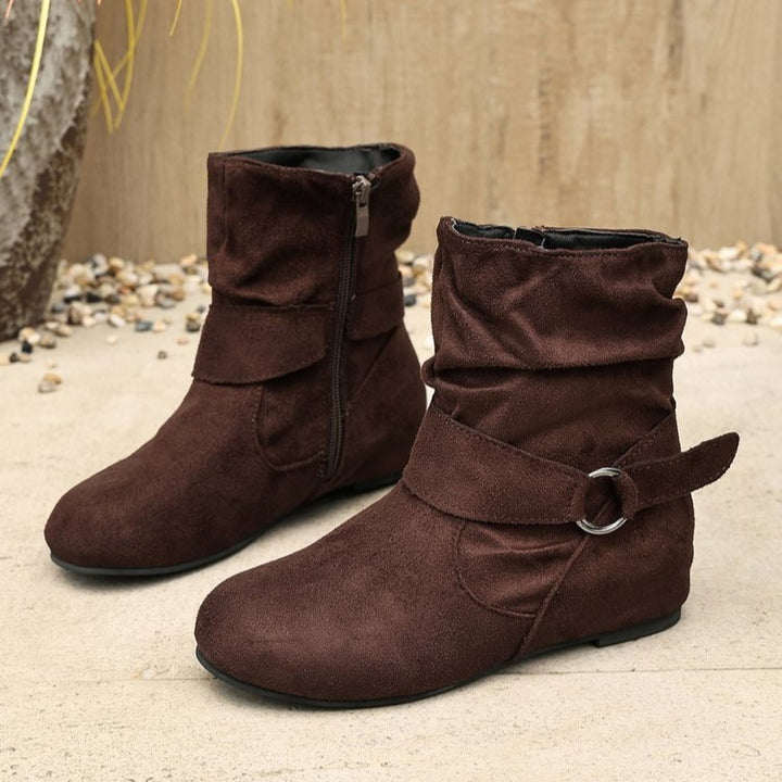 Women's Vintage Suede Ankle Boots – Round-Toe Flat Boots with Buckle Strap & Side Zip