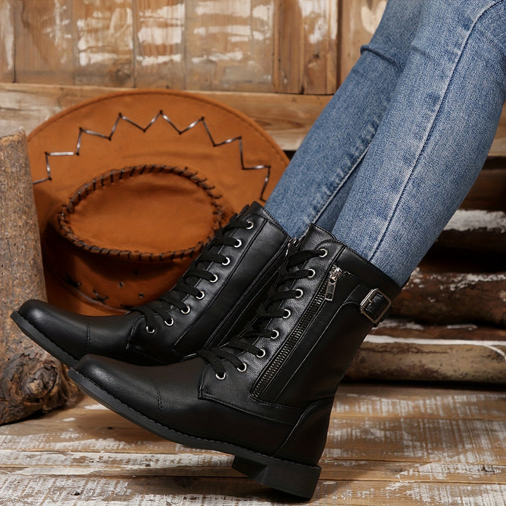 Women's Vintage Lace-Up Boots – Classic Mid-Calf Boots with Low Heel & Side Zipper
