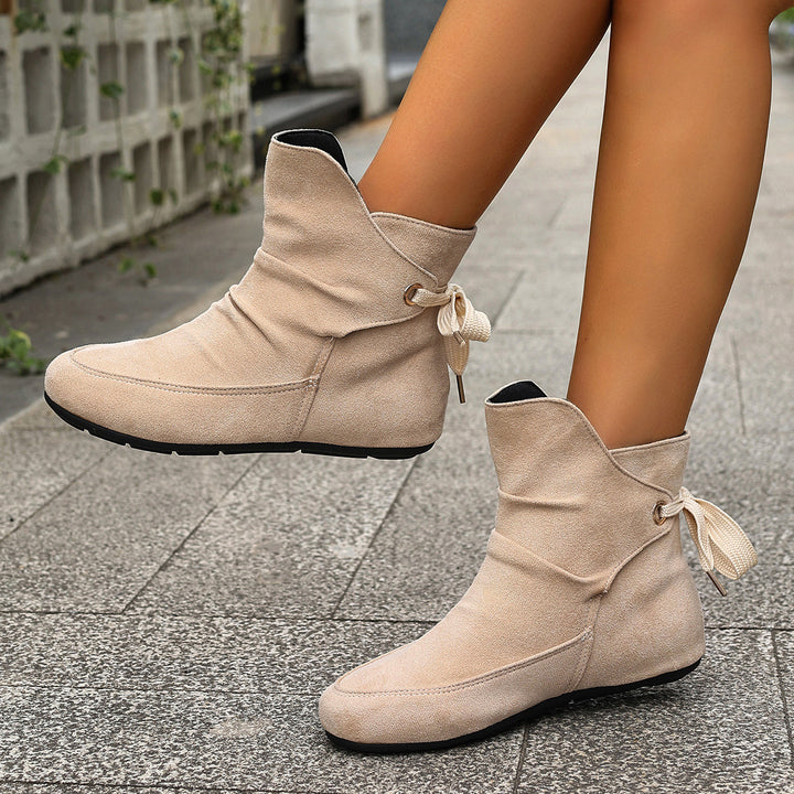 Women's Vintage Bow Ankle Boots –Comfortable  Lace-Up Flat Shoes for Fall & Winter
