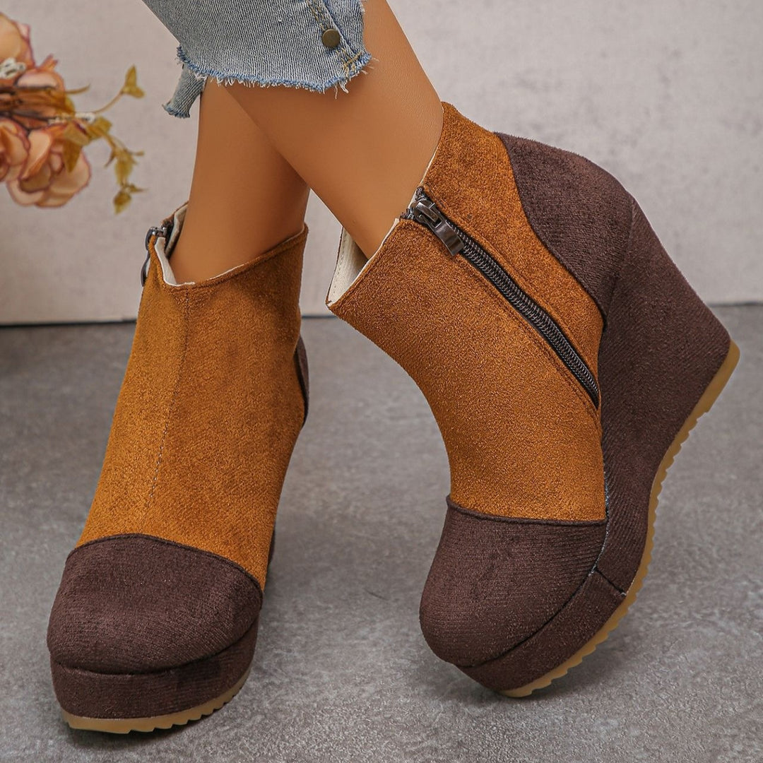 Women's Vintage Suede Ankle Boots – Chunky Platform Wedge Boots with Side Zipper