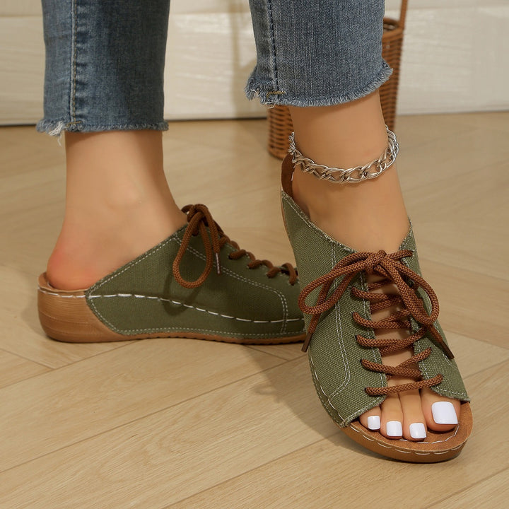 Women's Vintage Lace-Up Canvas Mules – Lightweight Comfort Slip-On Sandals