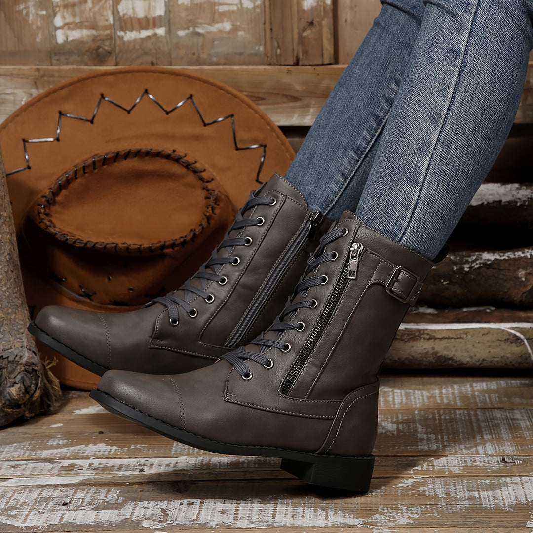 Women's Vintage Lace-Up Boots – Classic Mid-Calf Boots with Low Heel & Side Zipper