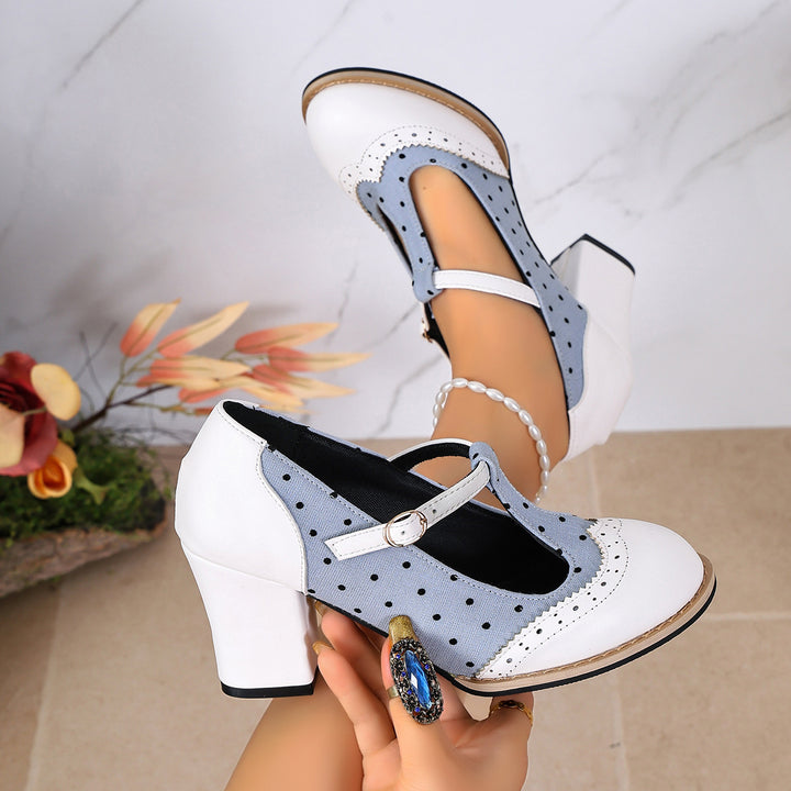 Women's Vintage Comfort Mary Jane Heels – Polka Dot Round Toe Chunky Heel Shoe